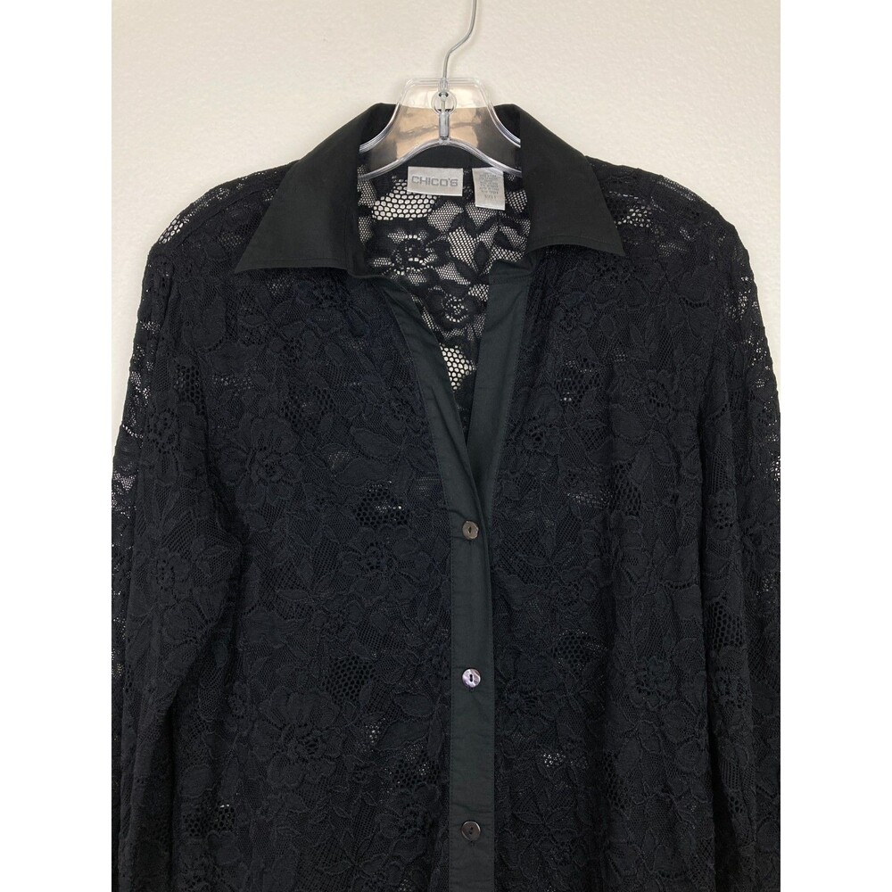 Chico's Women's V-Neck Button U Shirt Size 8 M Black Sheer Floral Crochet Lace - Picture 3 of 8